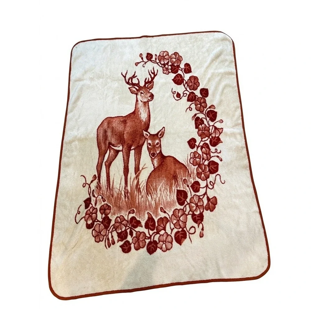 Vintage San Marcos Blanket Cobertor Sz95x68 Deer Doe Ivy Brown Cream Reversible